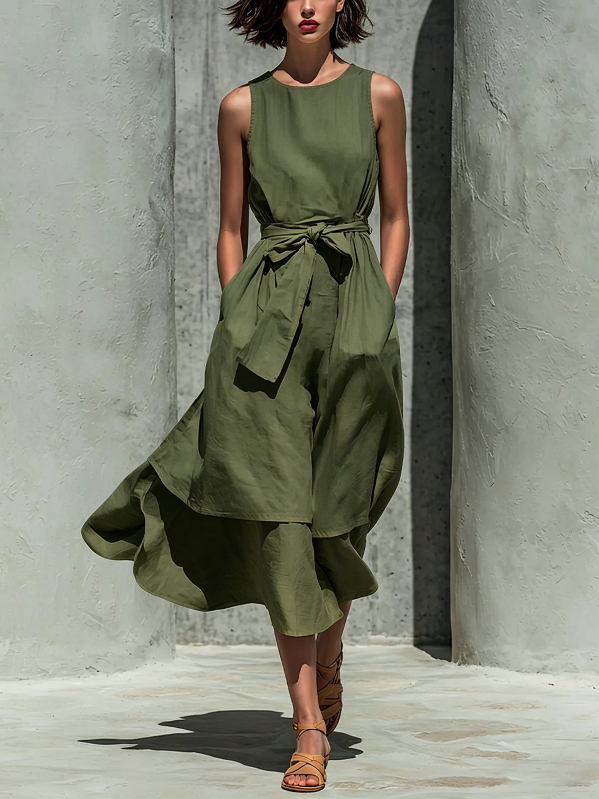 Robe midi en lin superposée sans manches avec lien à la taille