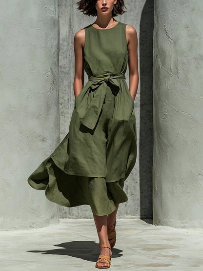 Robe midi en lin superposée sans manches avec lien à la taille