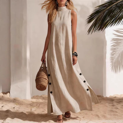 Robe longue décontractée sans manches en coton et lin de couleur unie avec fente latérale
