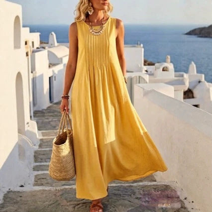 Robe longue de vacances plissée en mélange de lin avec poches