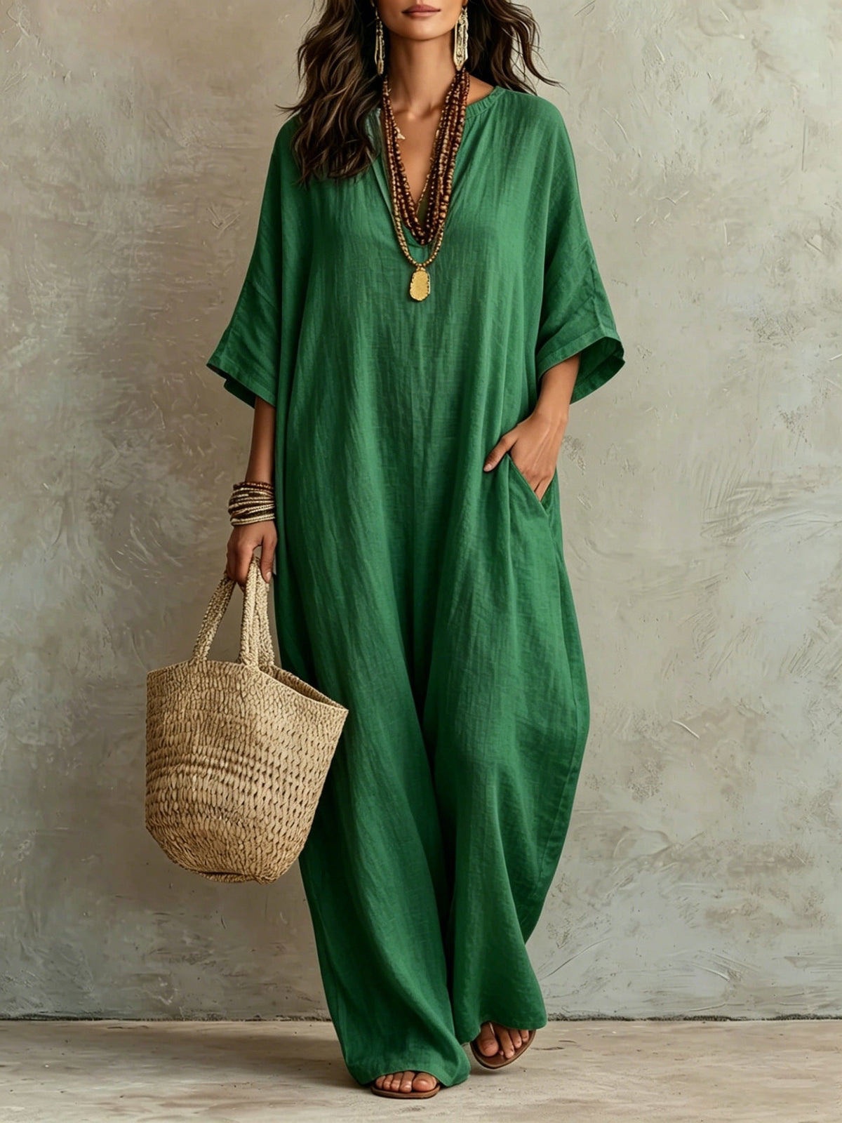 Robe Kaftan Longue Ample en Mélange de Lin à Manches Courtes Col V et Poches
