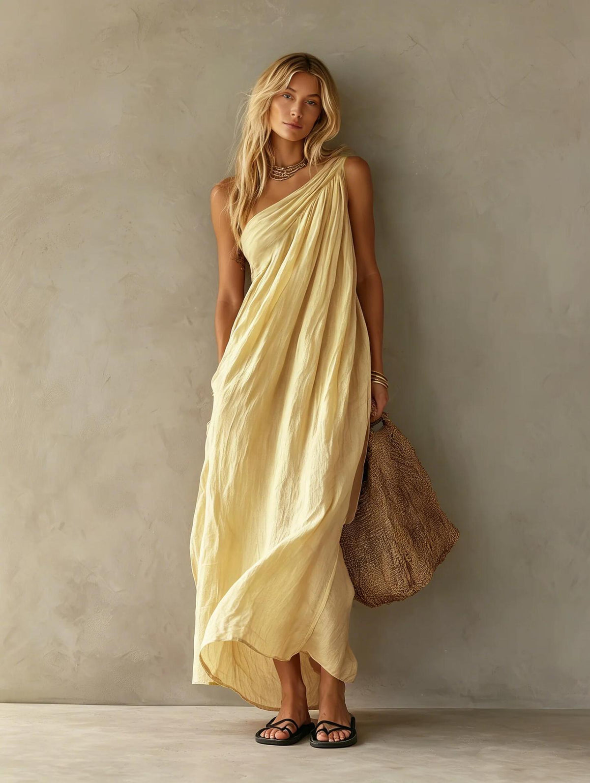 Robe longue en lin drapée à une épaule rose poudré