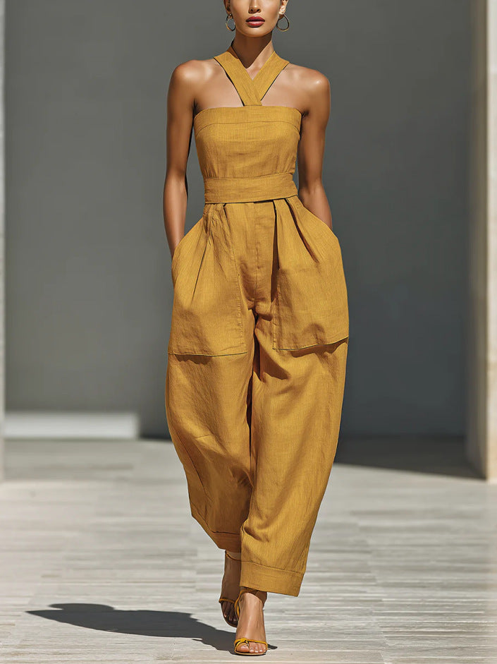 Linen Halter Wide Leg Pocketed Jumpsuit