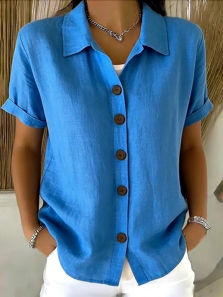 Women's short-sleeved linen shirt, with turn-down collar