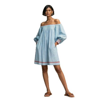 Mini-robe rayée à col carré et manches ballons