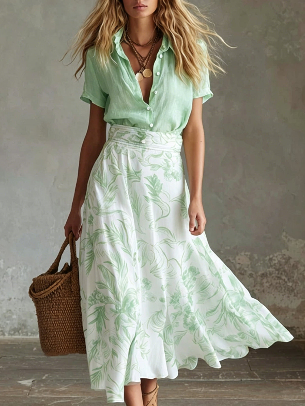 Ensemble coordonné jupe fleurie et chemise contrastantes