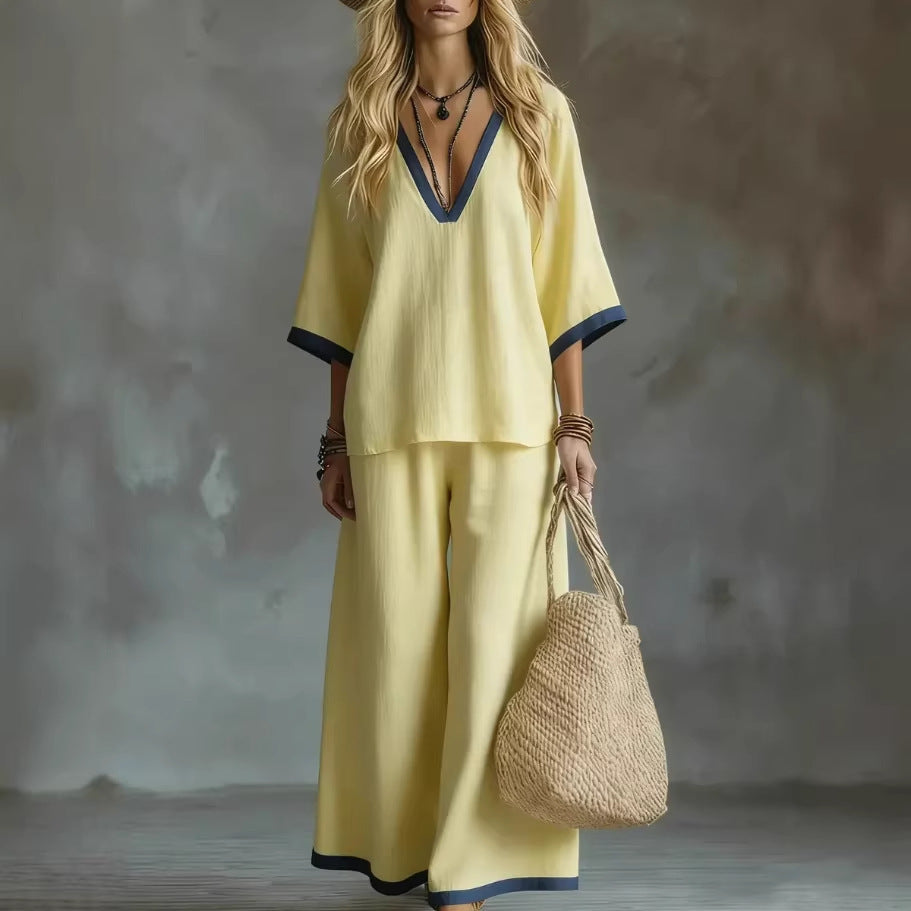 Ensemble deux pièces sans effort : haut col en V et pantalon large