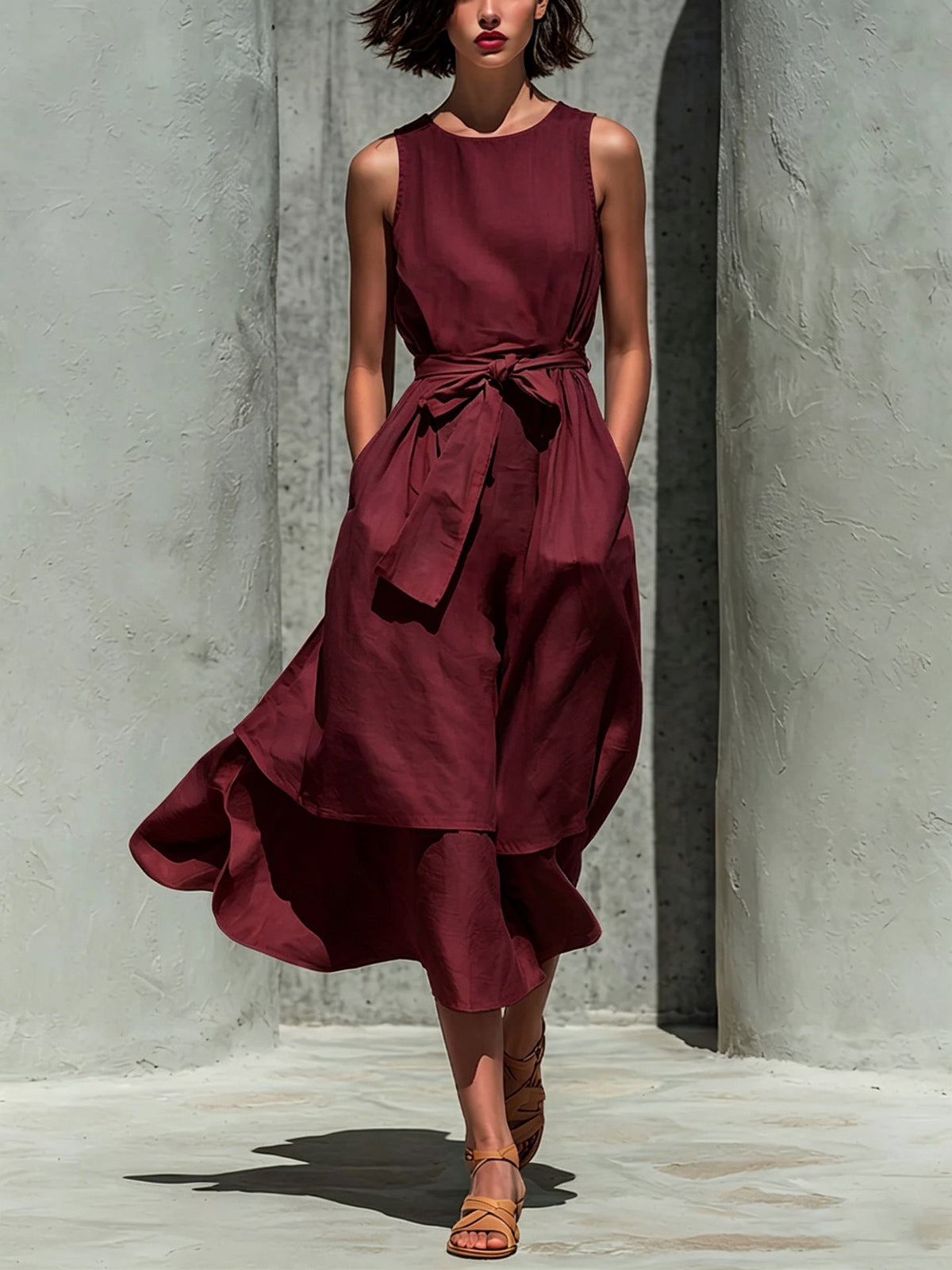 Robe midi en lin superposée sans manches avec lien à la taille