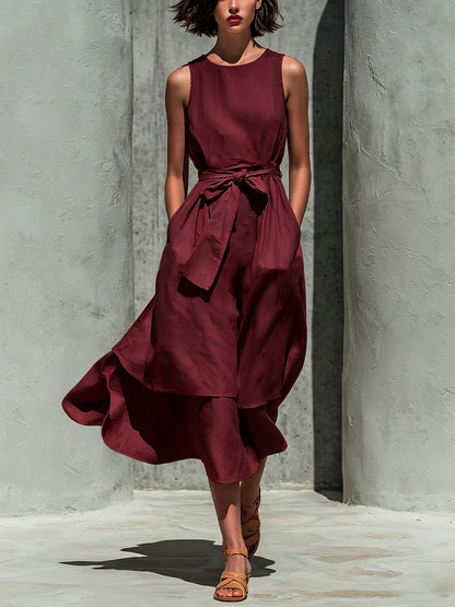 Robe midi en lin superposée sans manches avec lien à la taille