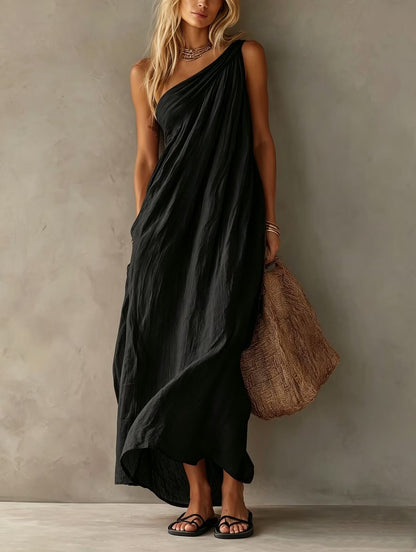 Robe longue en lin drapée à une épaule rose poudré