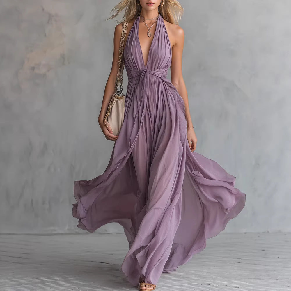 Robe taille sans manches sexy unie à col en V pour femmes