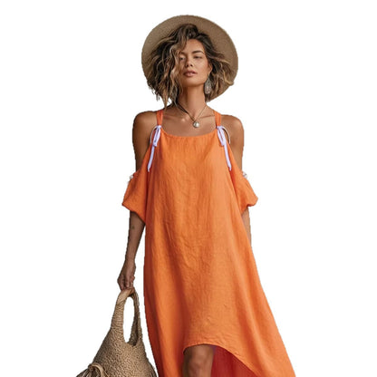 Robe longue asymétrique épaules dénudées orange vif