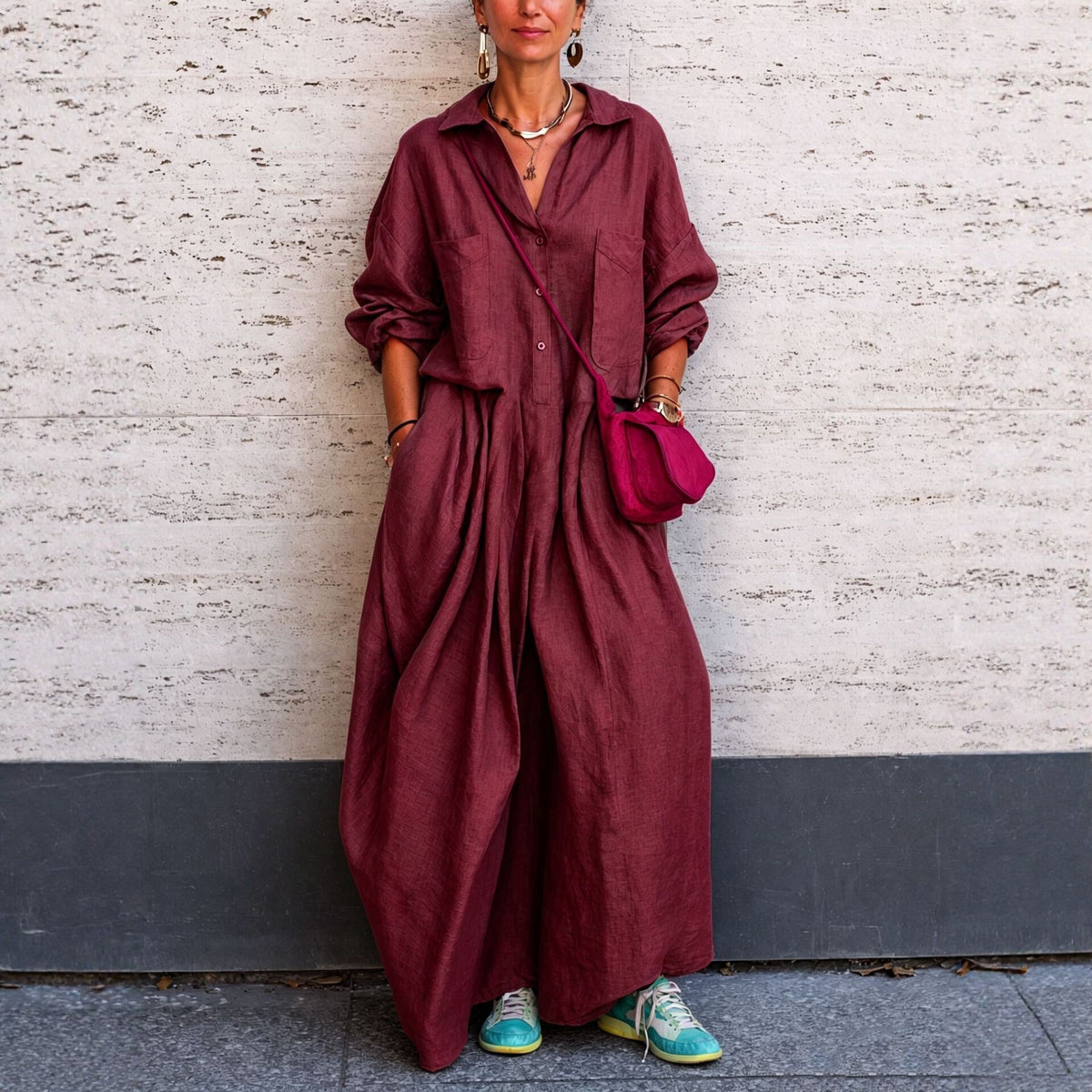 Oversized linen wide-leg jumpsuit