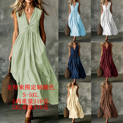 Robe longue texturée ample sans manches à col en V et devant torsadé avec poches