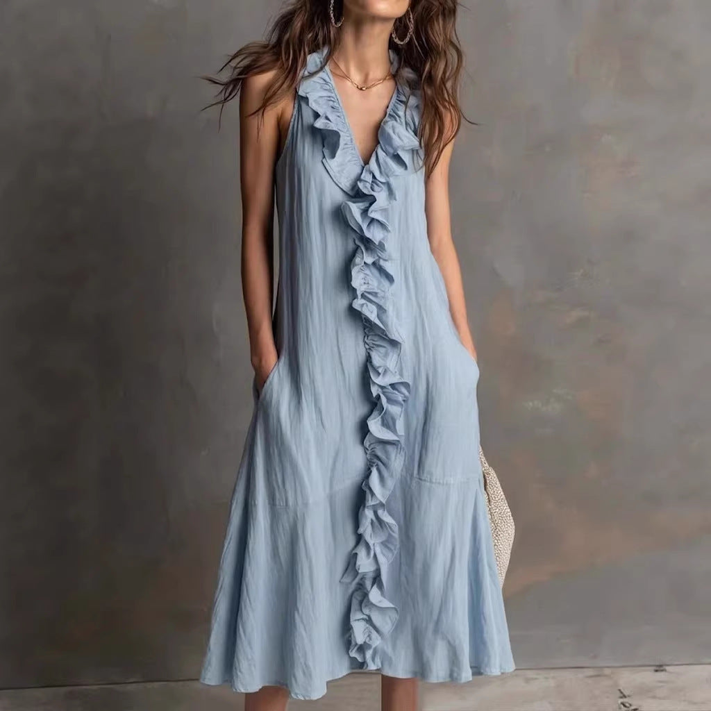 🌿 Robe midi sans manches à col en V volanté