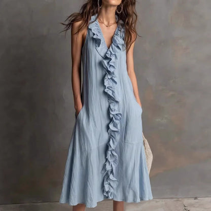 🌿 Robe midi sans manches à col en V volanté