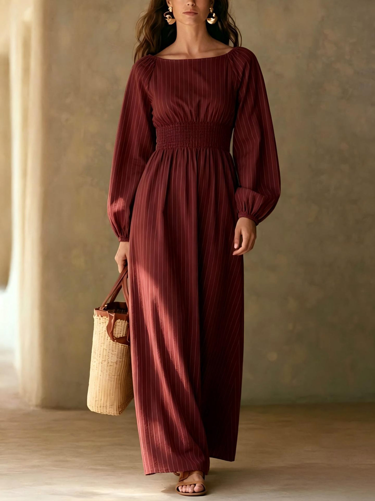 Pinstripe Smocked‑Waist Balloon Sleeve Maxi Dress
