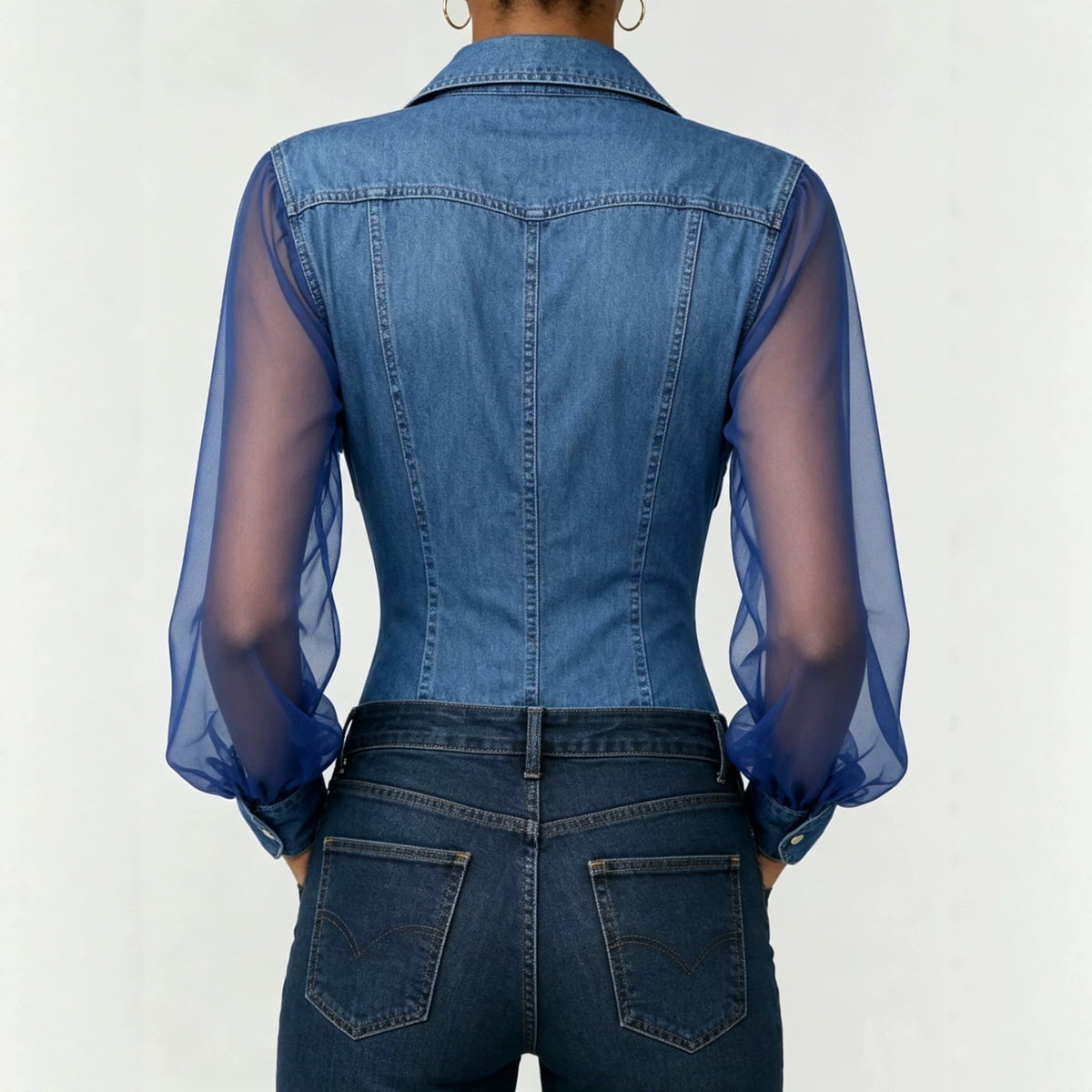 Chemisier en jean à manches en maille transparente