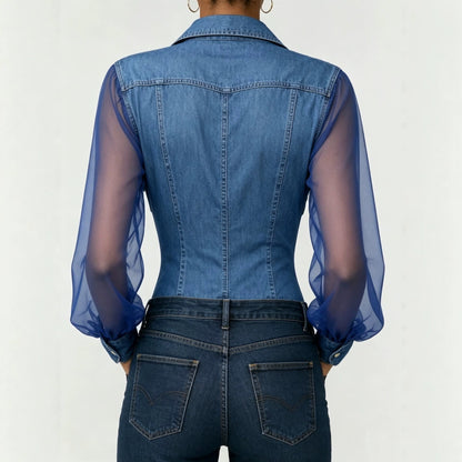 Chemisier en jean à manches en maille transparente