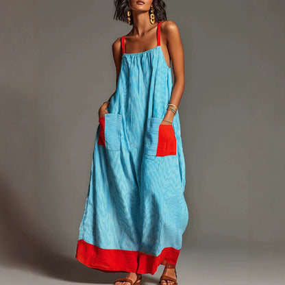 Robe longue rayée en lin et coton avec poches et bretelles spaghetti, idéale pour les vacances