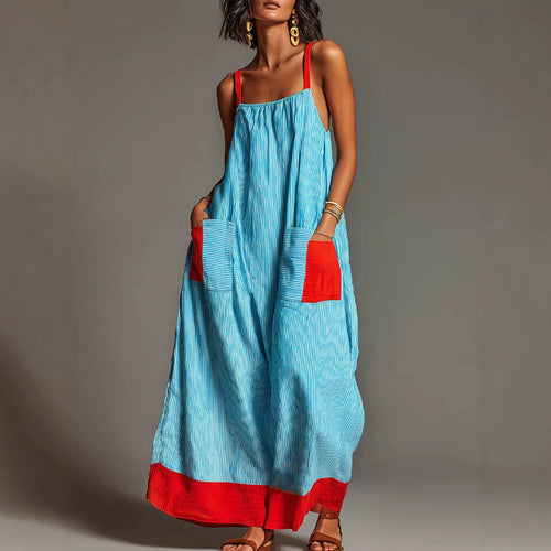 Robe longue rayée en lin et coton avec poches et bretelles spaghetti, idéale pour les vacances