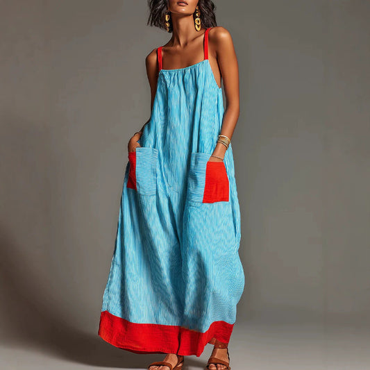 Robe longue rayée en lin et coton avec poches et bretelles spaghetti, idéale pour les vacances