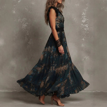 Robe longue bohème vintage à fleurs avec col en V, manches volantées en dentelle et ourlet à volants à la taille