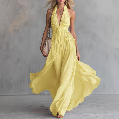 Robe taille sans manches sexy unie à col en V pour femmes