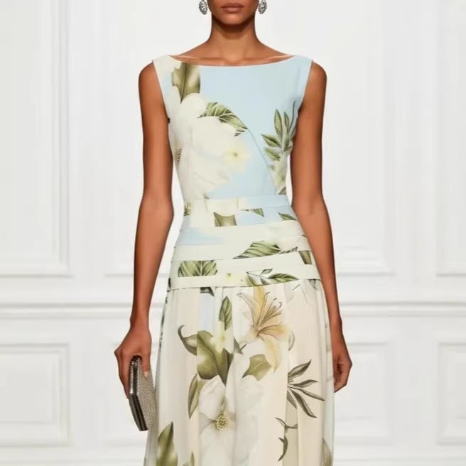 Robe longue vintage style color block à imprimé floral lys
