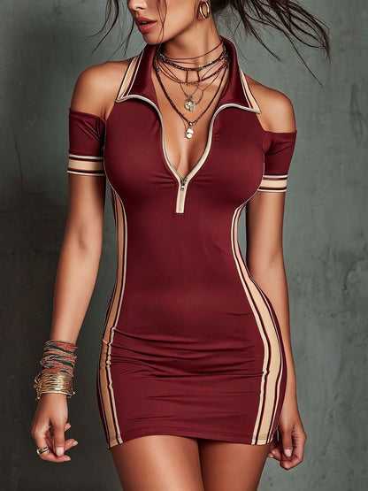 Robe mini moulante polo demi-zippée à épaules dénudées