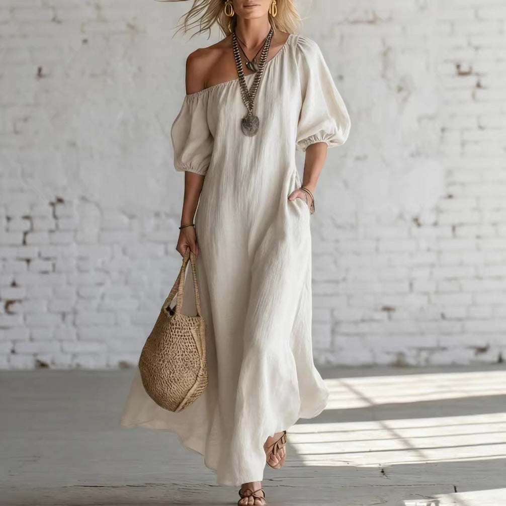 Robe longue en lin mélangé à épaules dénudées sans effort
