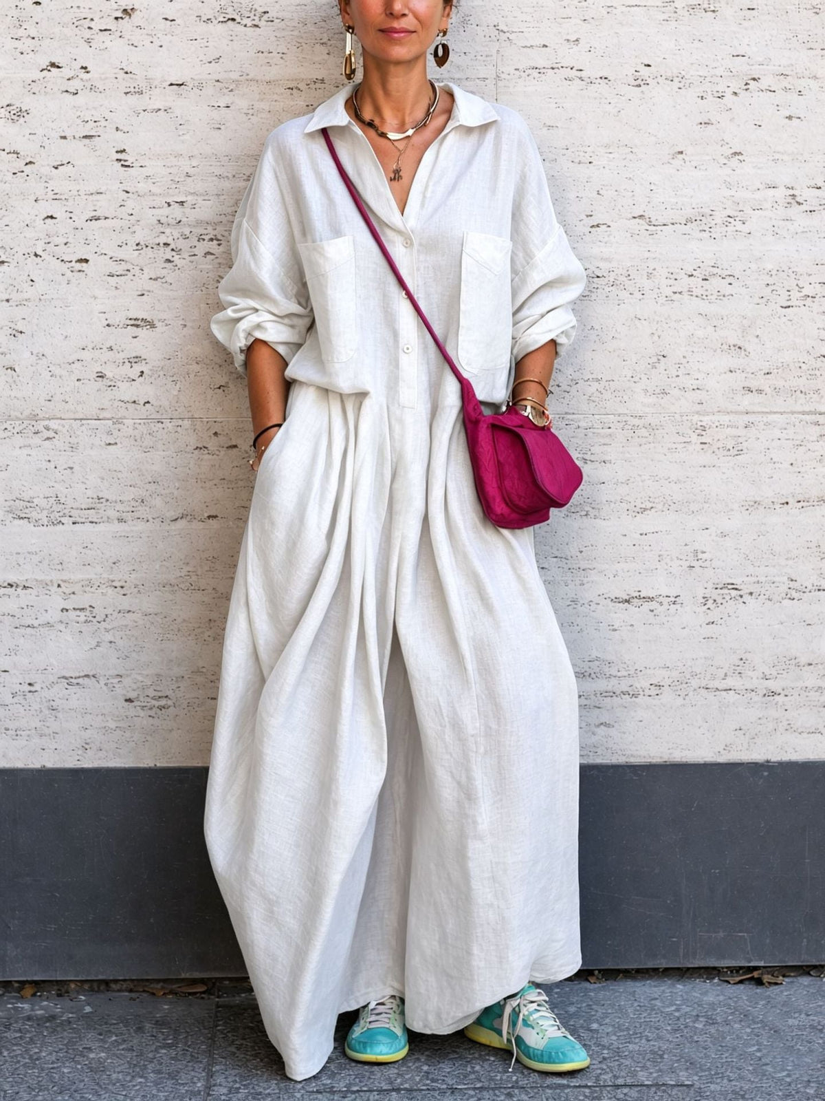 Oversized linen wide-leg jumpsuit