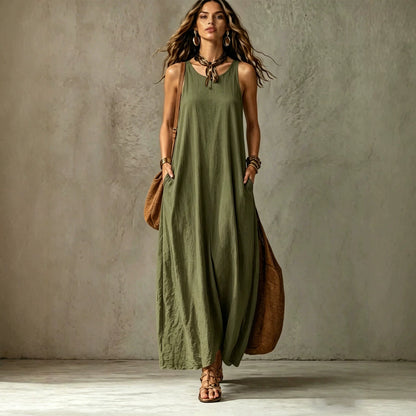 Robe longue texturée sans manches à encolure ronde et poches, coupe tente