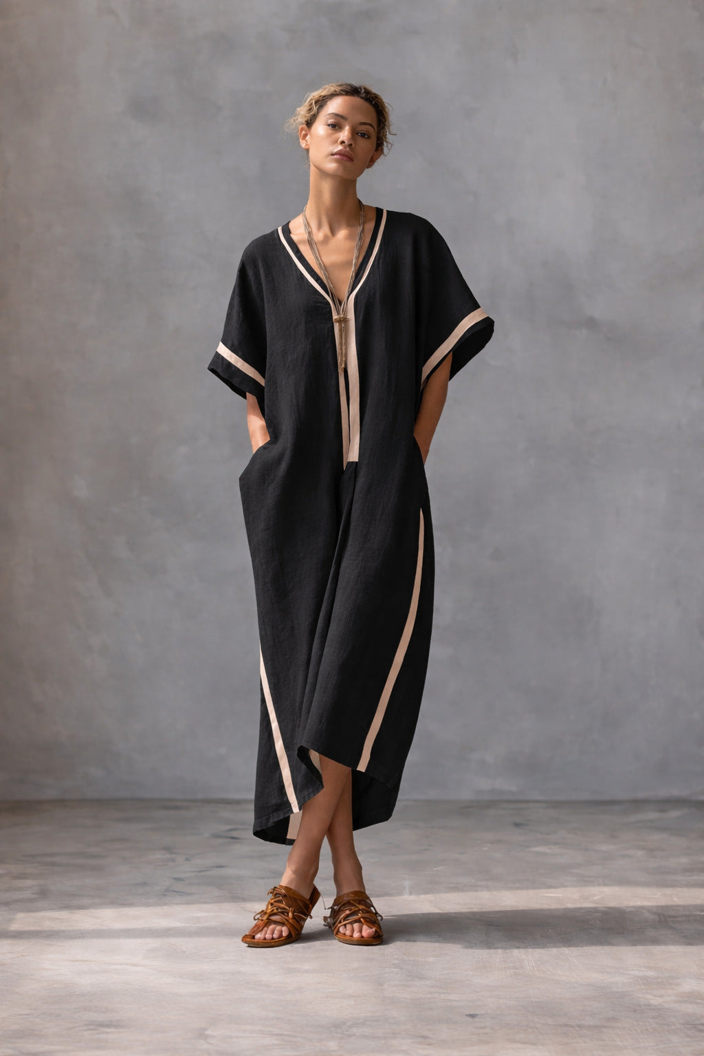 Linen blend V-neck caftan dress
