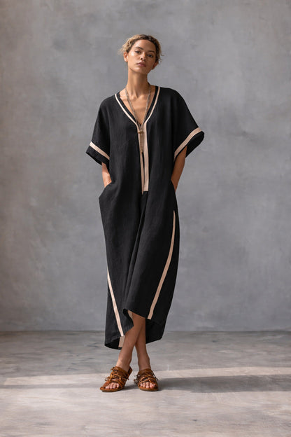 Linen blend V-neck caftan dress