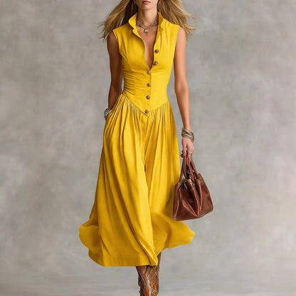 Robe Longue Slim Chic Style Déesse Française avec Col Revers et Sans Manches pour Femme