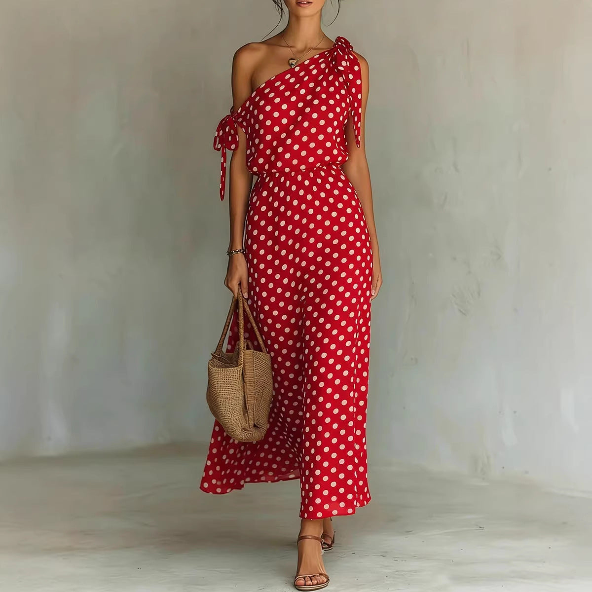 Robe longue asymétrique à pois pour femme