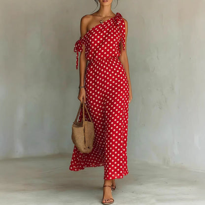 Robe longue asymétrique à pois pour femme
