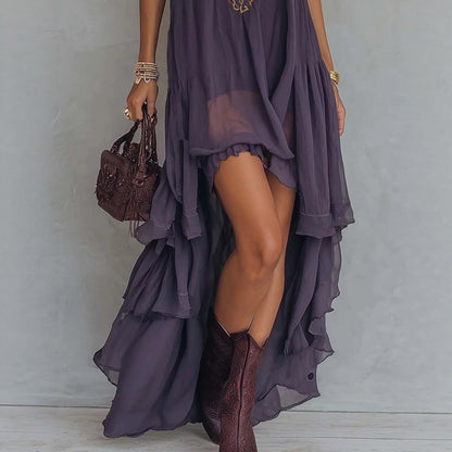 Robe longue bohème brodée, à col licou et ourlet asymétrique
