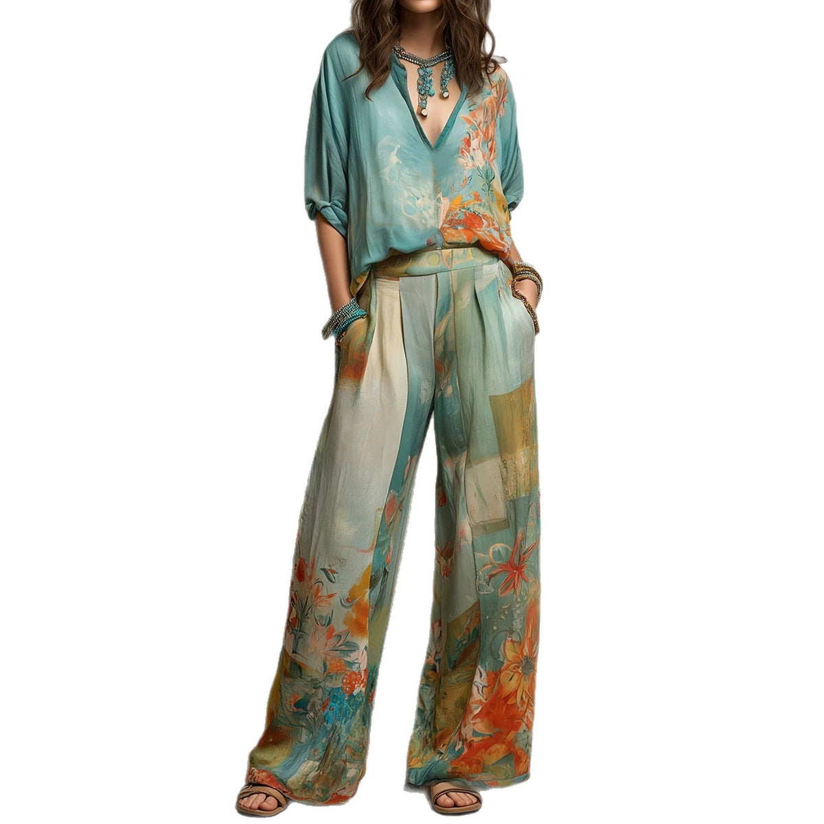 Ensemble deux pièces en mélange de lin imprimé floral aquarelle