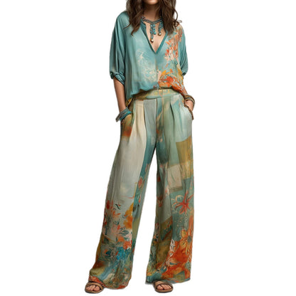 Ensemble deux pièces en mélange de lin imprimé floral aquarelle