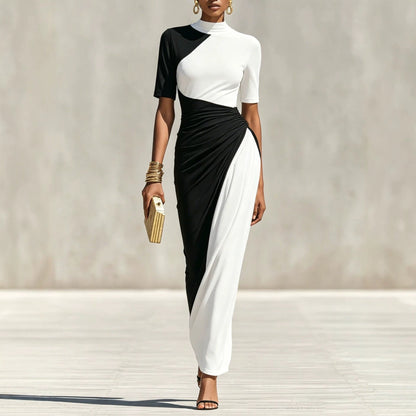 Robe fourreau midi asymétrique à blocs de couleur, froncée et à col montant