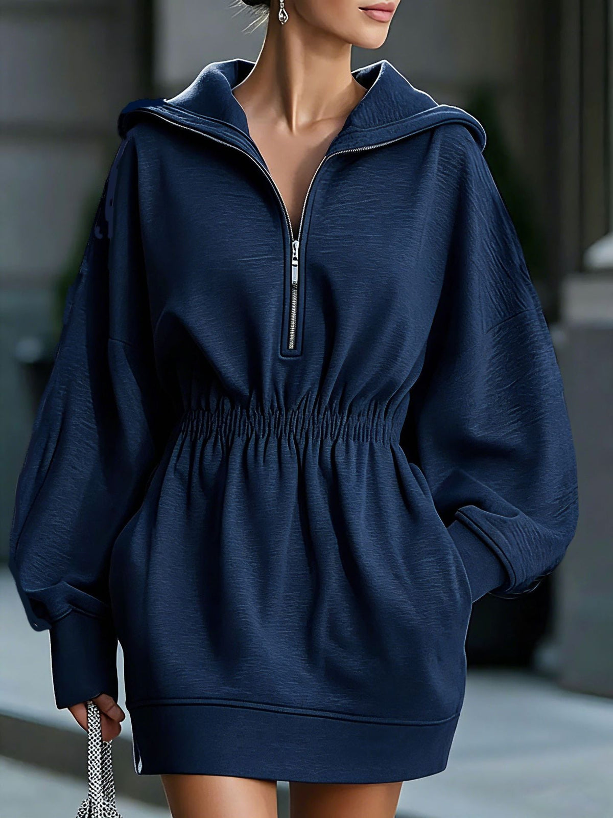 Robe Courte à Capuche et Demi-Zip pour Femme avec Taille Élastique et Manches Longues – Robe Décontractée en Molleton