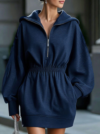 Robe Courte à Capuche et Demi-Zip pour Femme avec Taille Élastique et Manches Longues – Robe Décontractée en Molleton