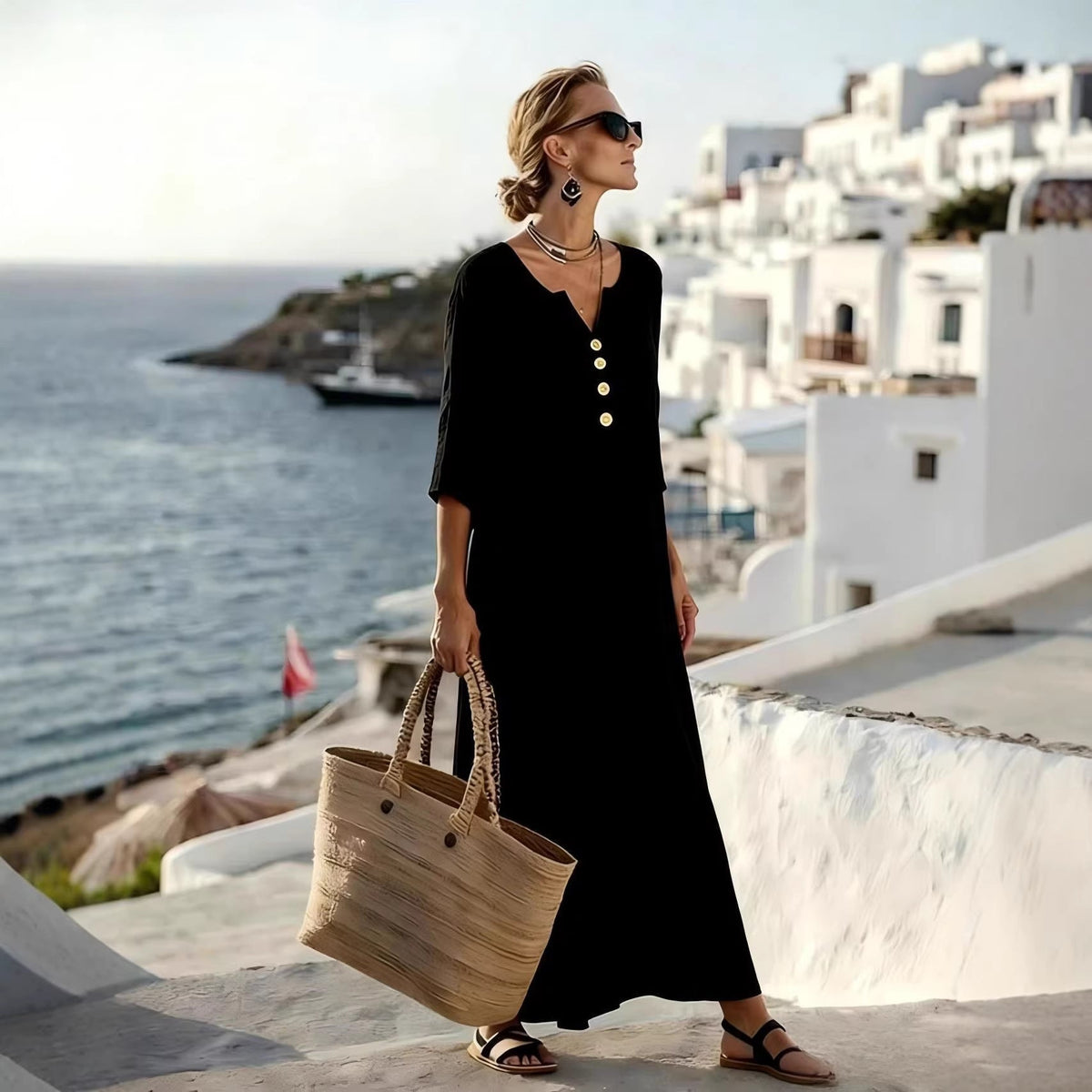 Robe longue décontractée en mélange de lin à col en V