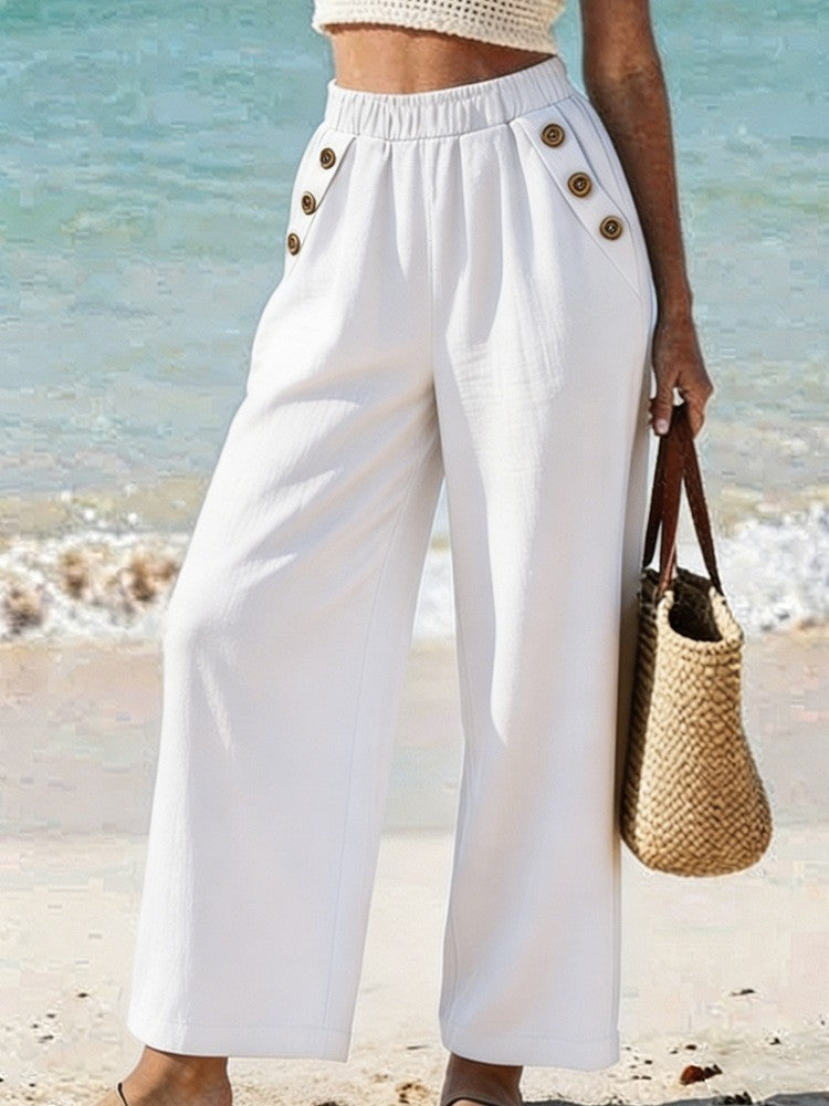 Pantalon décontracté taille haute boutonné à jambes larges