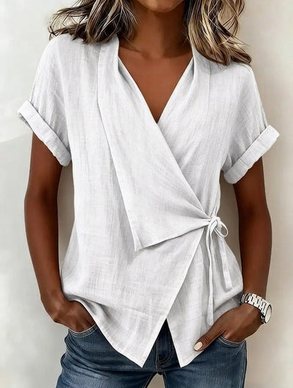 Blouse à manches courtes et col en V en lin mélangé avec ceinture à nouer à la taille