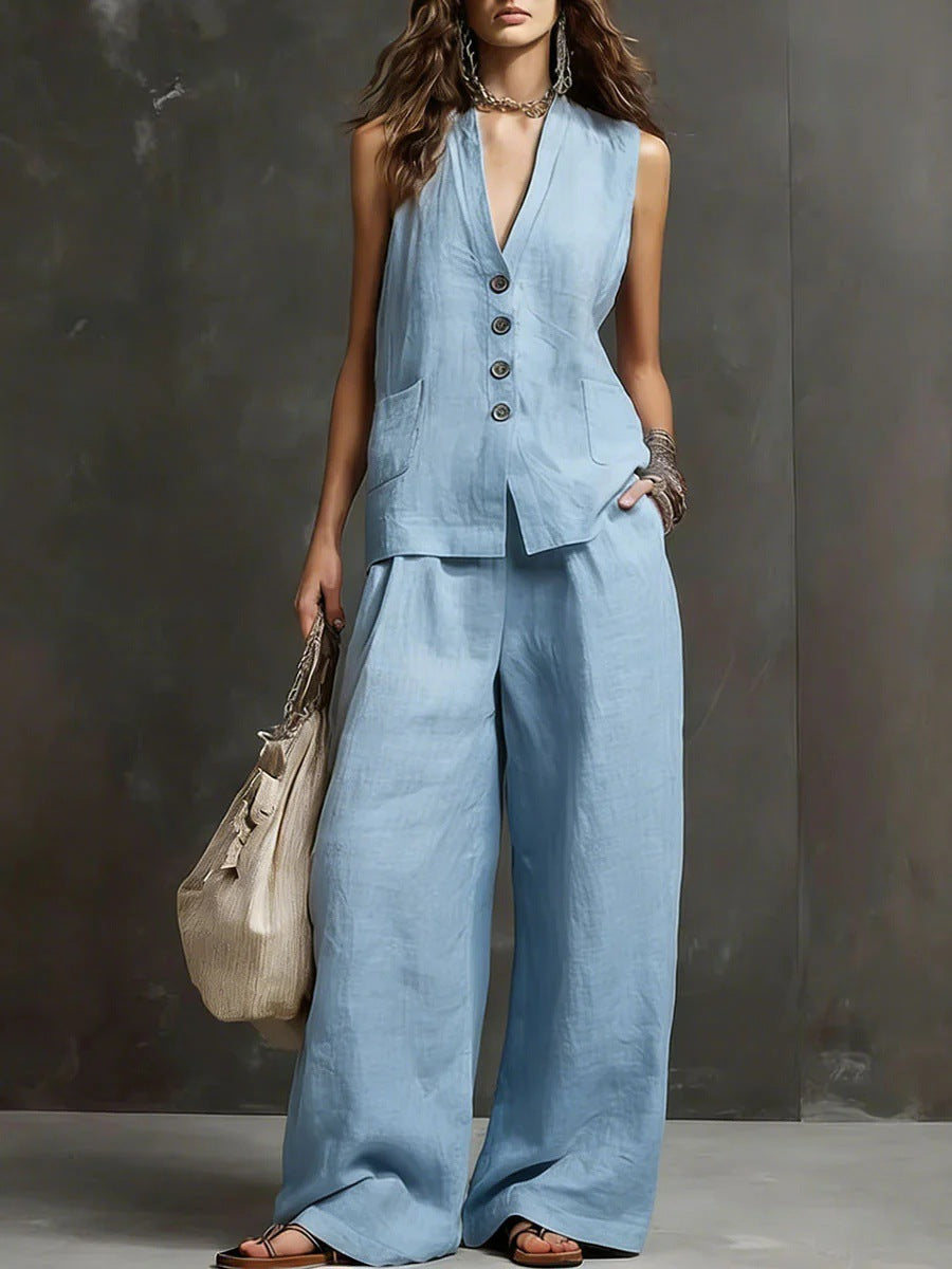 Ensemble gilet sans manches et pantalon large en mélange de lin
