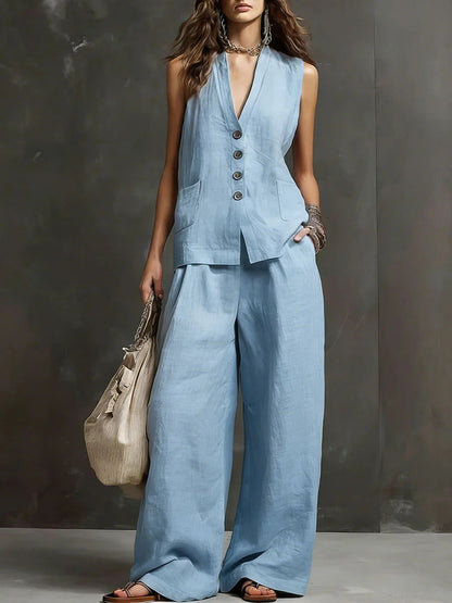 Ensemble gilet sans manches et pantalon large en mélange de lin