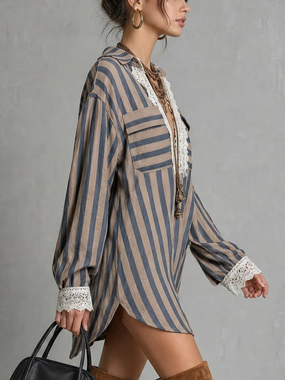 Chemisier tunique ample décontracté à manches longues pour femmes, style bohème, avec patchwork de dentelle et rayures